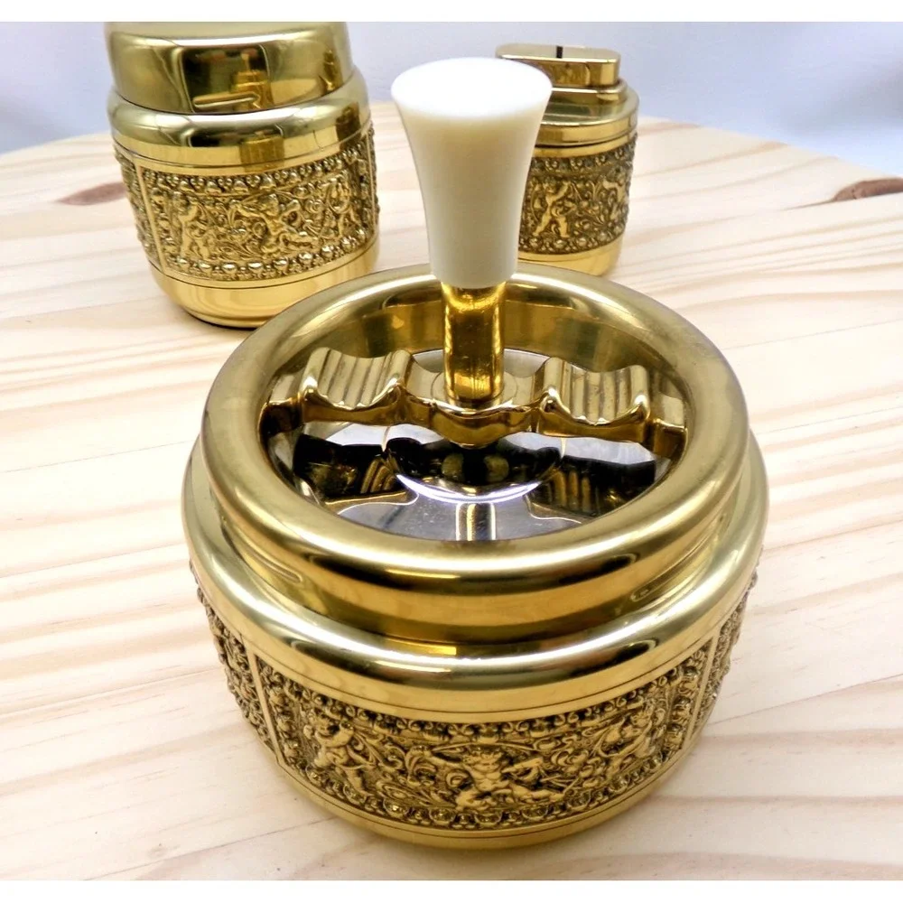 Erhard & Sohne Germany Brass Smokers Set Ashtray Lighter Cigarette Dispenser Vtg